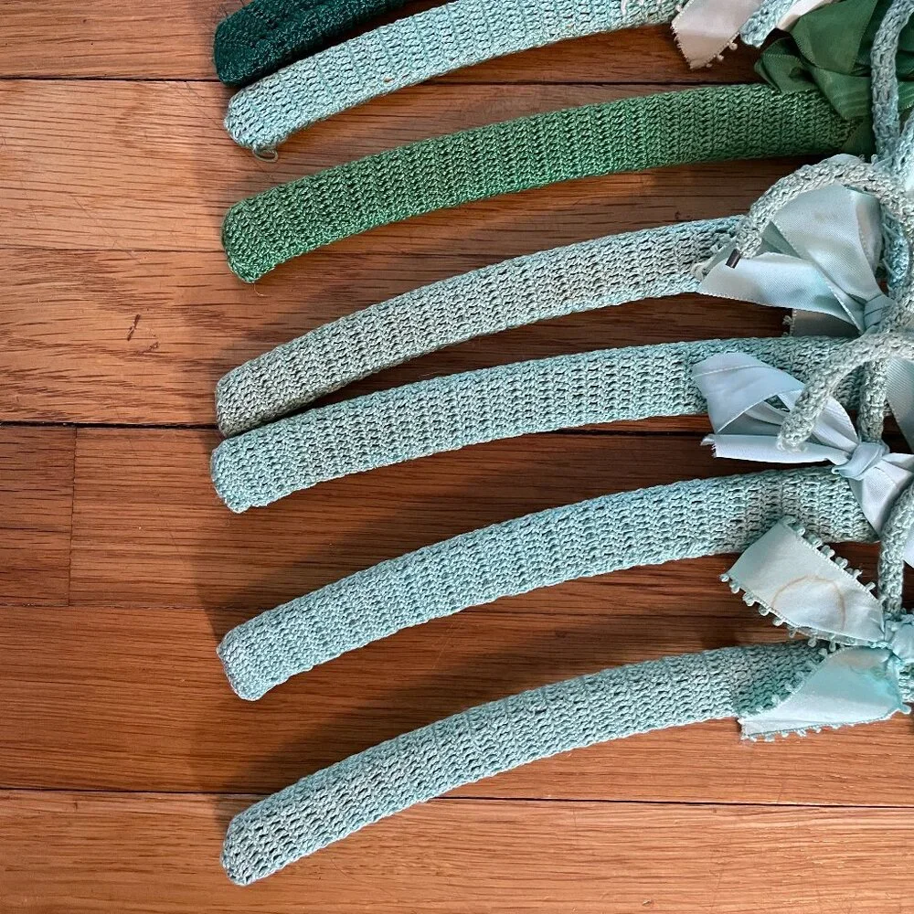 8 Green Vintage Crochet Coat Hangers-Crochet Wooden Coat Hangers-70+